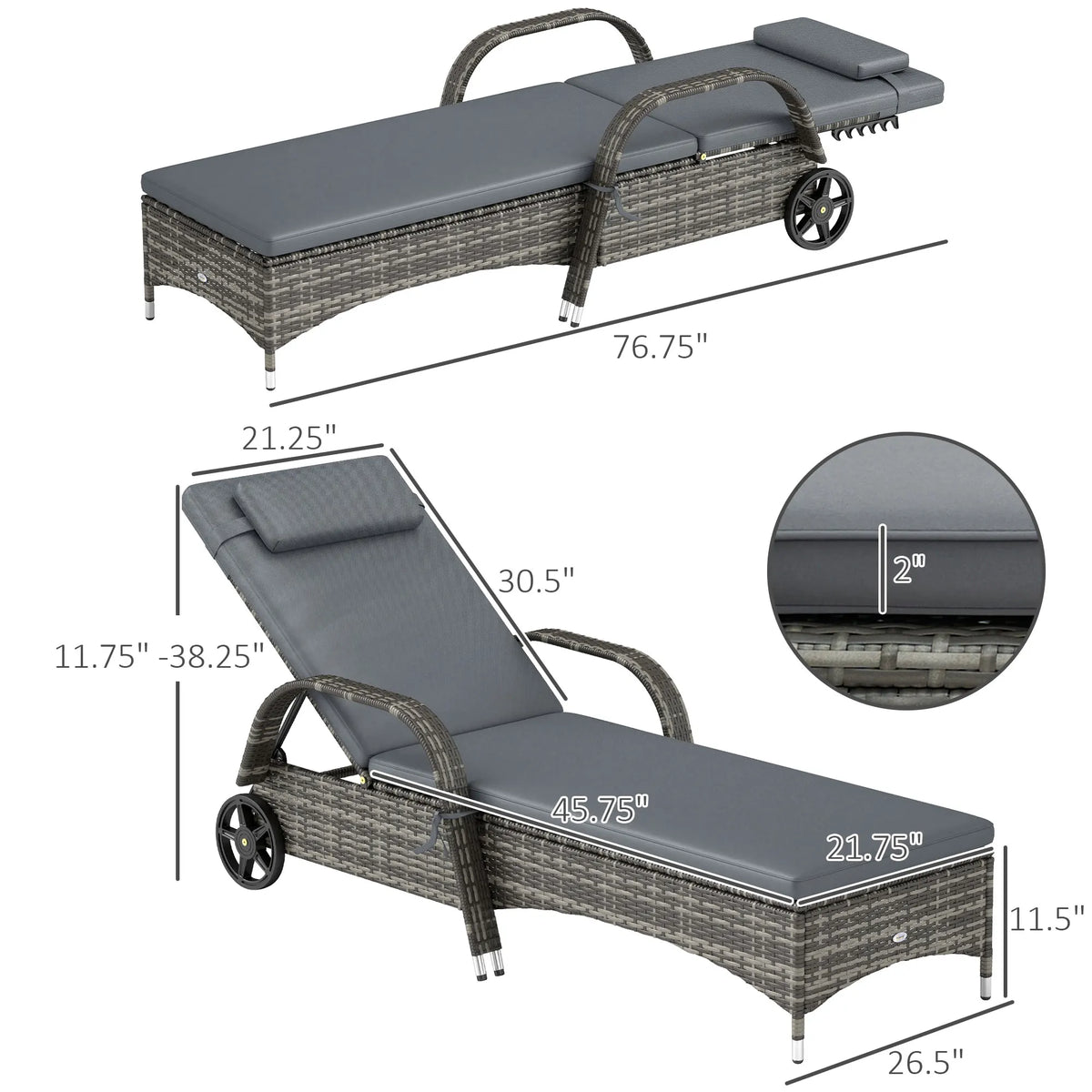 Outsunny Grey Metal PE Rattan Outdoor Reclining Sofa With Wheels