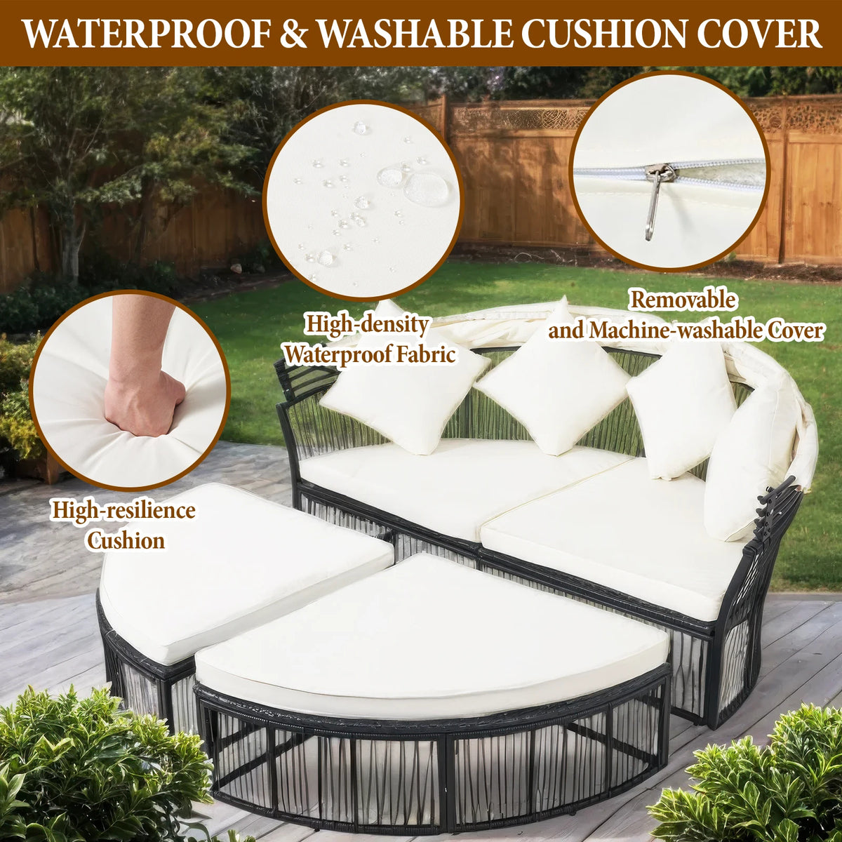 Outdoor Patio Furniture Set, Hand-woven Thin Wicker Round Daybed Patio Furniture with Foldable Sun Canopy & Cushioned Pillows, Breathable All-weather Outdoor Furniture Lounge Bed, Relax Outdoor Patio Furniture Set for Courtya