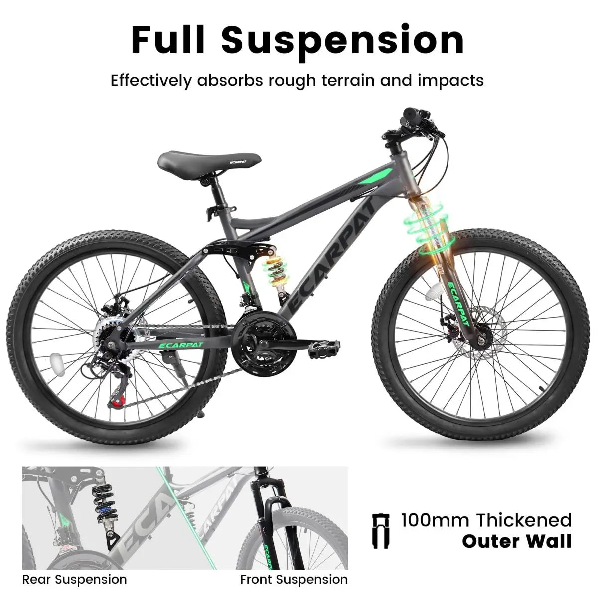 A2460 24 Inch Mountain Bike with Full Suspension, 21 Speed Shifter Lever with Gear Indicator, High Carbon Steel Frame, Mechanical Disc Brakes, Unisex for Men/Women/ Adults, Ideal for Trails.