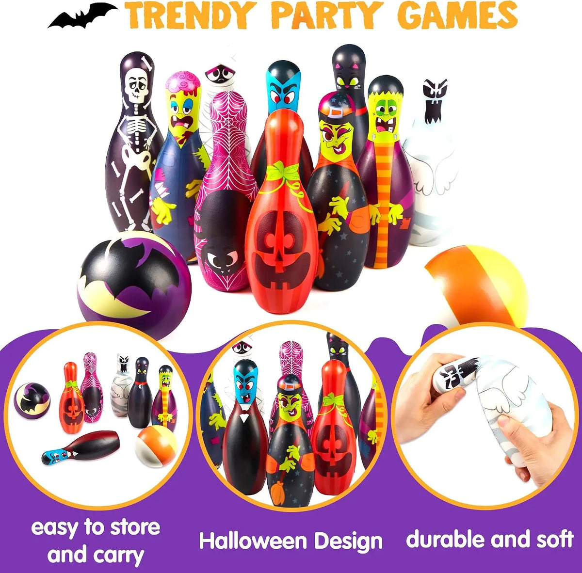 Foam Bowling Set Halloween Gift for Kids Toys Party Supplies Get-Together Party Game Day Events Indoor Outdoor Toy Game with 10 Pins & 2 Balls Fun Sports Games Birthday Parties