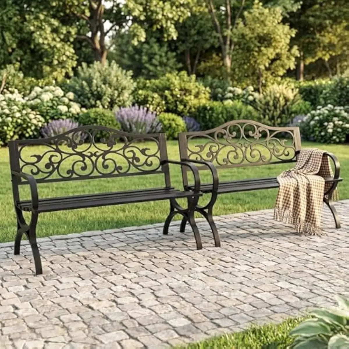 Outdoor Antique Iron Bench With Floral Backrest And Sturdy Arms