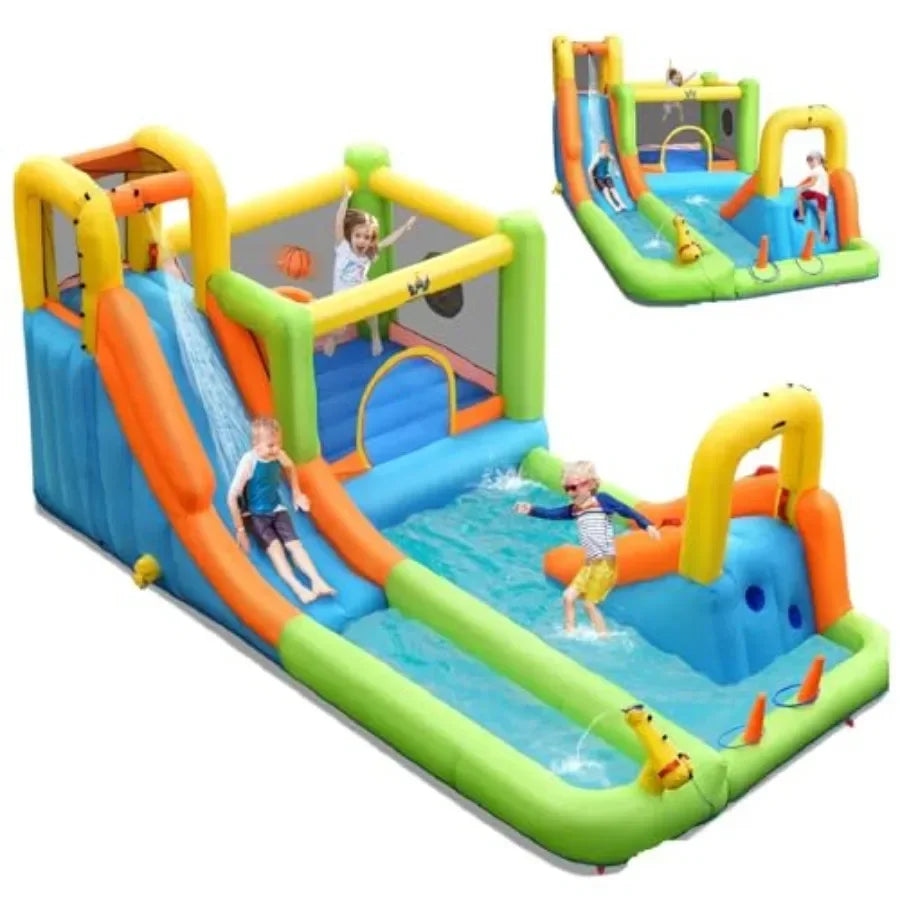 Inflatable Water Slide Featuring Dual Tracks And Splash Pool Design