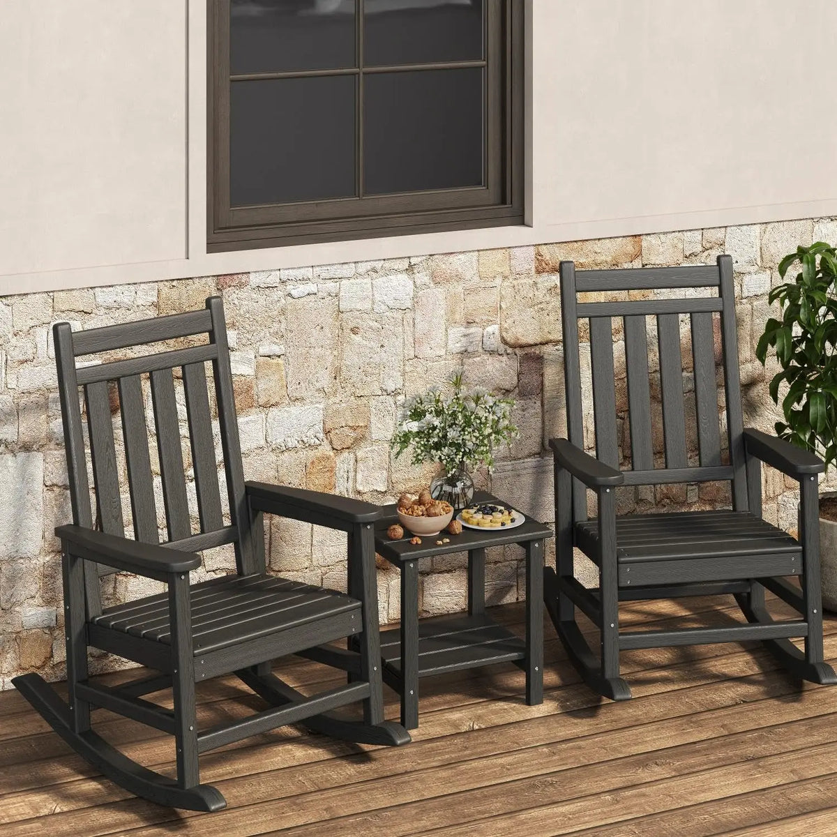 2PCS Rocking Chair Balcony Lazy Recliner Sleeping Rocking Chair Multifunctional Furniture with Side Table for Patio Front Porch