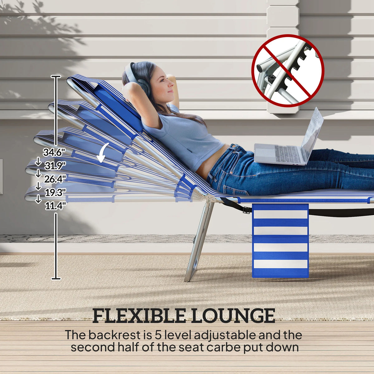 Outsunny Folding Outdoor Lounge W/ Face Hole, 5-Level Recline, Blue Stripe