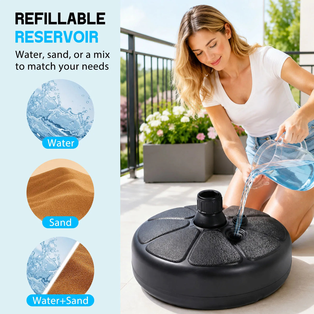 26lbs Fillable Water Sand Umbrella Base Stand, 38CM Round Patio Parasol Base Weight Holder Fit 36mm Outdoor Garden Beach Balcony Market Umbrella Pole, Heavy Duty Anti-Wind Umbrella Stand Base