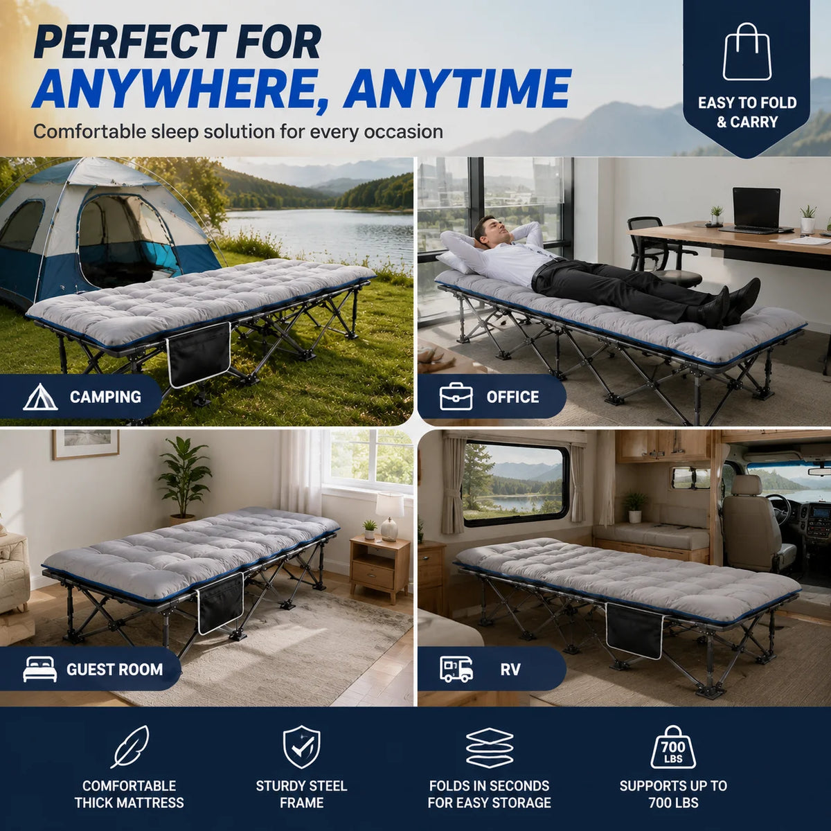 Portable Folding Camping Cot With Thick Padded Mattress For Travel