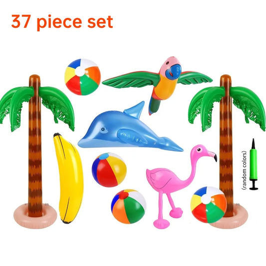 37 piece inflatable Hawaiian themed party set, including inflatable palm trees, inflatable banana beach balls, flamingo toys, flying parrots and dolphins, Hawaiian flower garlands, turtle back bamboo leaves, Hawaiian flowers,
