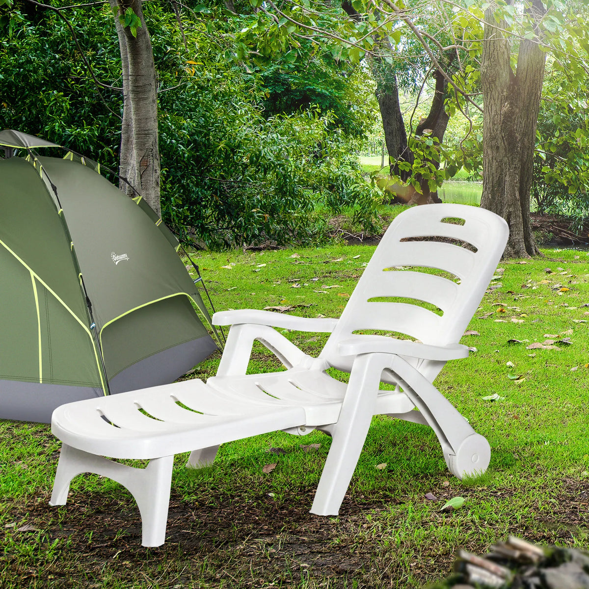 Outdoor Folding Chaise Lounge on Wheels, Reclining Sun, Beach, Pool Chair, White