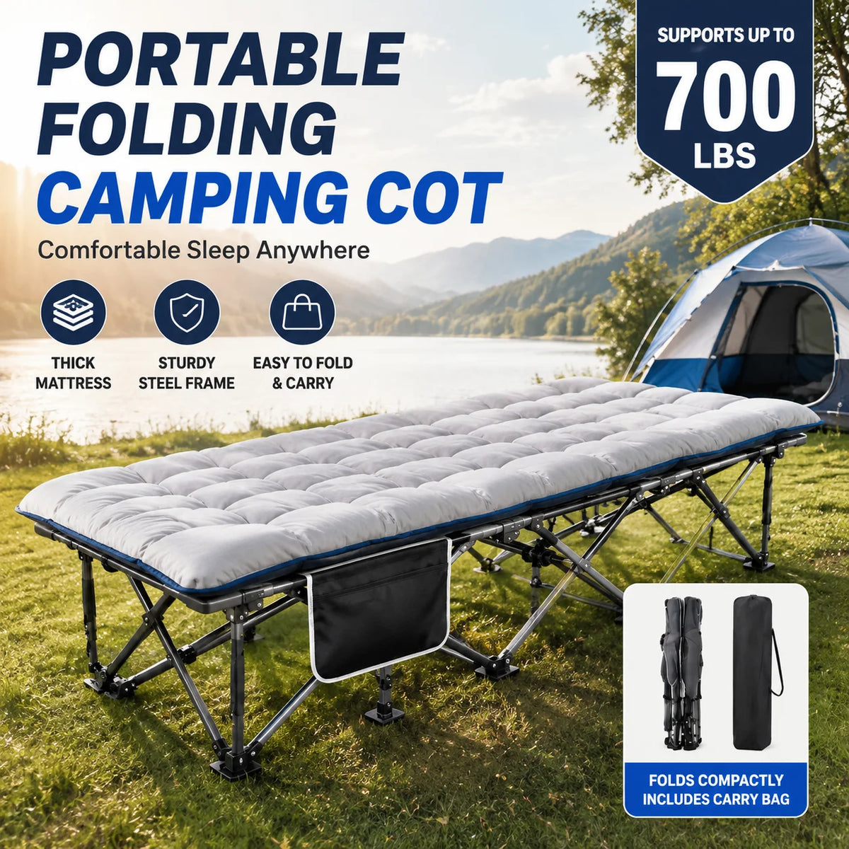 Portable Folding Camping Cot With Thick Padded Mattress For Travel