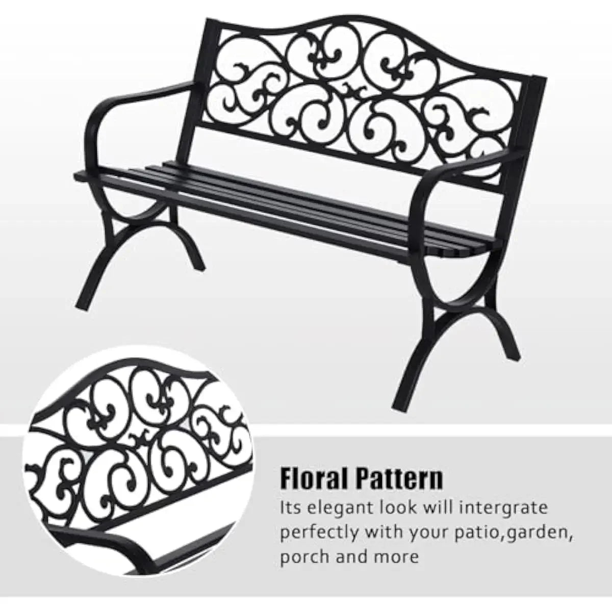 Outdoor Antique Iron Bench With Floral Backrest And Sturdy Arms