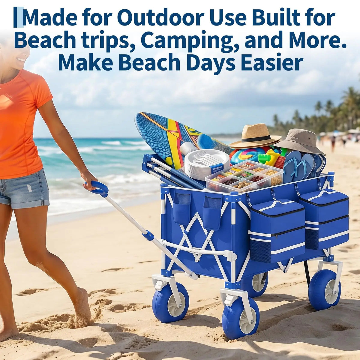 Heavy Duty Beach Wagon Cart 460LBS Folding Utility Wagon With 9in All-Terrain Wheels Adjustable Handle For Sand Camping