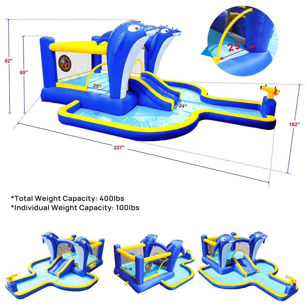 Dolphin 8-in-1 Inflatable Water Slide Park, Wet & Dry Bounce House with Splash Pool, Water Cannon, Basketball Hoop, Sprinkler, Safe Mesh Wall, Complete Set with Air Blower, Outdoor Backyard Blow Up Water Play Center for Kids