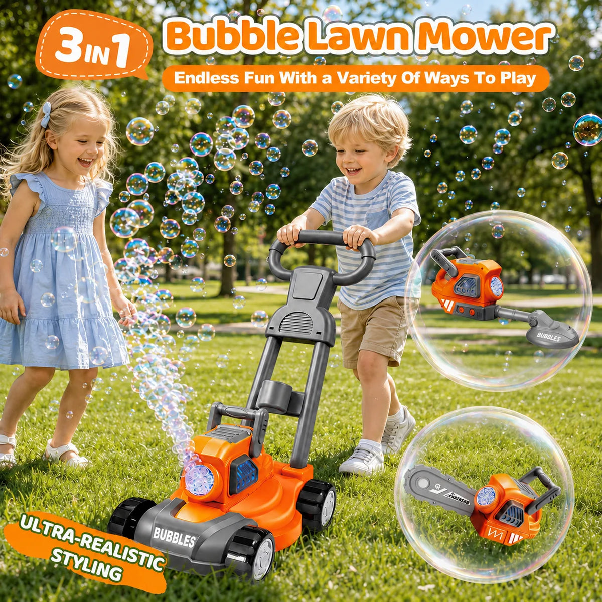 Hotfree Bubble Lawn Mower for Kids, 3-in-1 Electric Bubble Machine Blower with 10 Bubble Solution, Summer Outdoor Push Toys for Toddlers Ages 3-8, Birthday Party Summer Gift for Boys Girls 3 4 5 6 7 8 Year