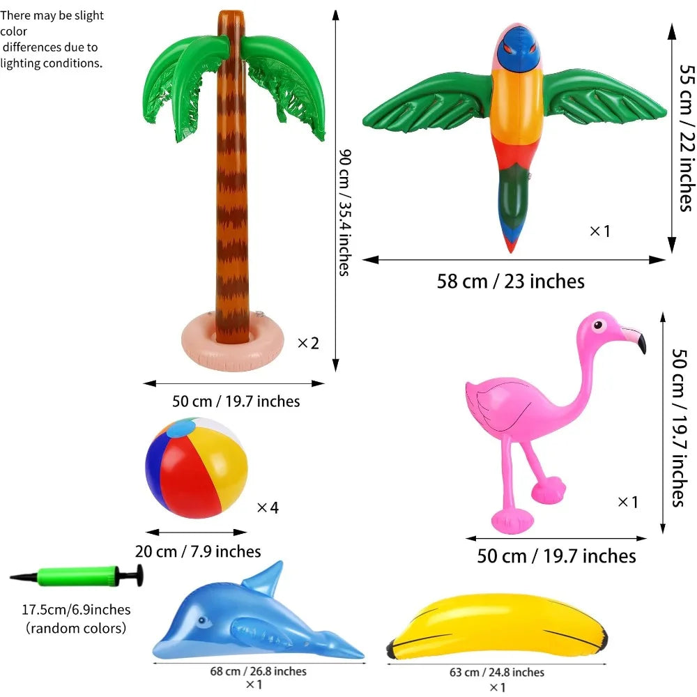 37 piece inflatable Hawaiian themed party set, including inflatable palm trees, inflatable banana beach balls, flamingo toys, flying parrots and dolphins, Hawaiian flower garlands, turtle back bamboo leaves, Hawaiian flowers,