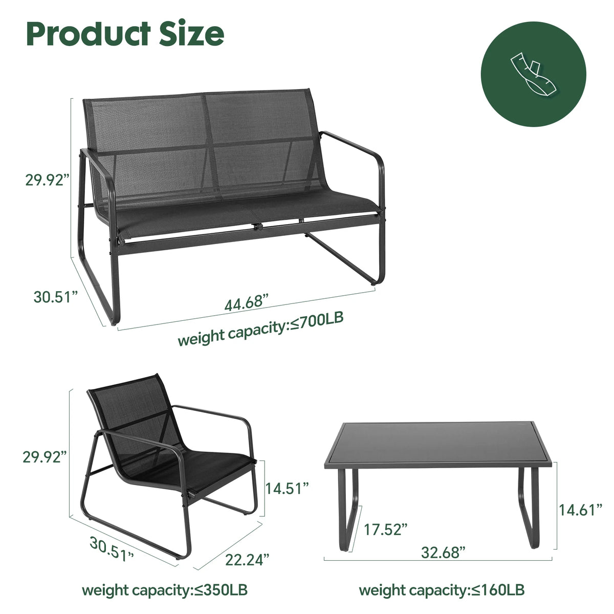 JHK 4 Piece Outdoor Patio Furniture Set Metal Frame with Table