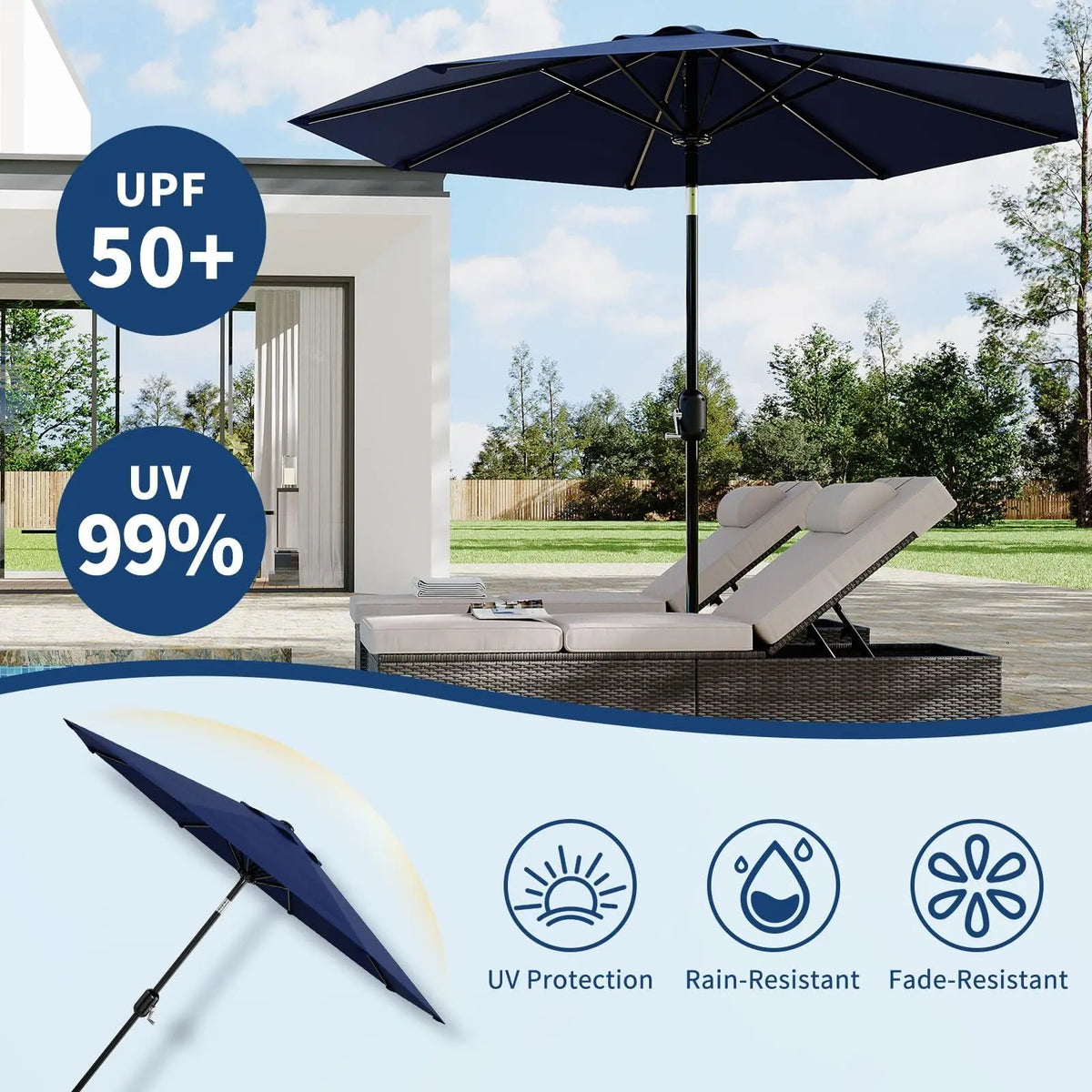 9FT Patio Umbrella 8 Sturdy Ribs Outdoor Table Umbrella, Navy Blue | Crank Lift & Push Button Tilt - Market Umbrella for Pool, Deck, Yard, Garden