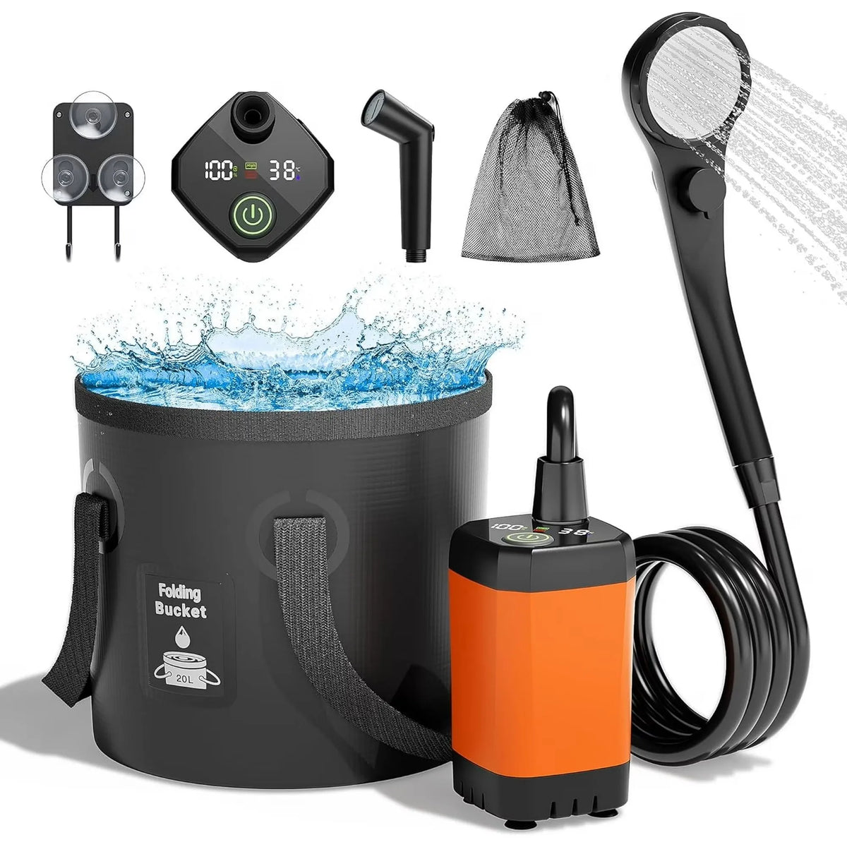 Moriko Portable Camping Shower Rechargeable Pump Collapsible Bucket LED Display