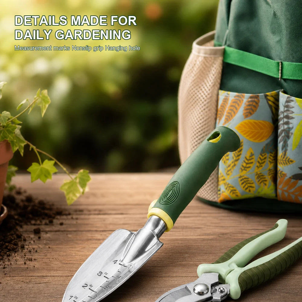 16 Piece Garden Tool Set Aluminum Alloy Gardening Hand Tools Kit with Floral Tote Bag Gloves Spray Bottle Plant Labels Twist Tie Trowel Transplanter Weeder Cultivator Hand Fork and Pruning Shears for Planting Weeding Pruning